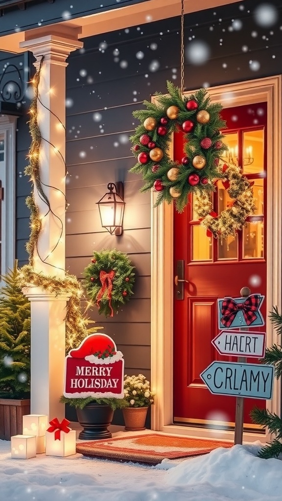 Outdoor Christmas decorations including a wreath, string lights, and yard signs in a snowy setting.